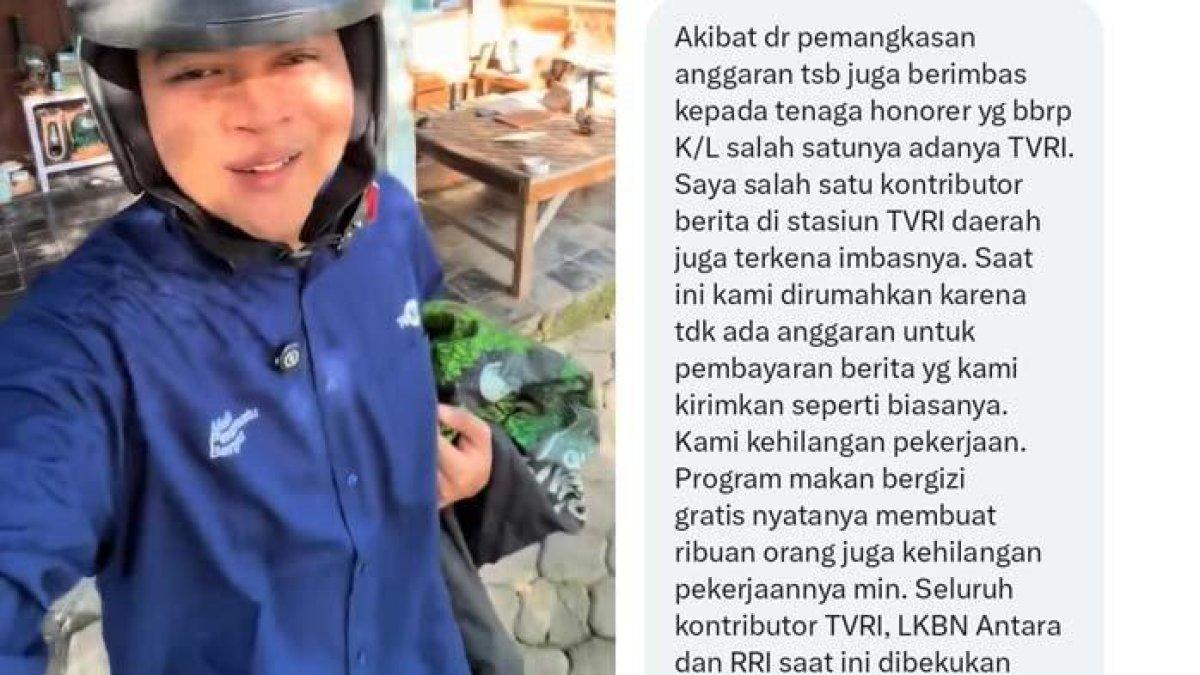 PEGAWAI TVRI DIRUMAHKAN: Tangkapan layar jurnalis TVRI bernama Adhit (kiri) dan netizen (kanan) yang curhat setelah dirumahkan imbas efisiensi anggaran, Rabu (12/2/2025). Sederet curhatan pilu jurnalis TVRI yang kena imbas efisiensi anggaran viral. Mereka rela alih profesi demi bertahan hidup setelah dirumahkan.