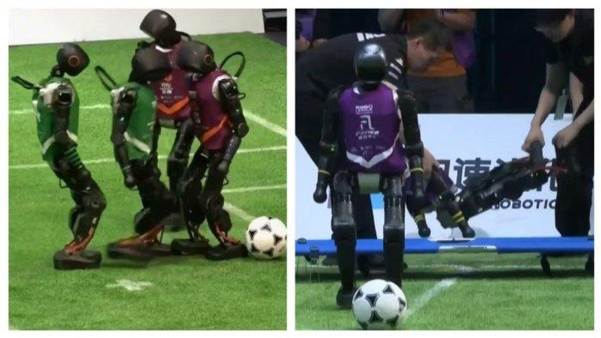 PERTANDINGAN ROBOT - Kolase dari tangkap layar YouTube NBC News 4 Juli 2025, memperlihatkan pertandingan sepak bola robot AI pertama di China. Selama jalannya pertandingan, ada dua robot yang 'cedera' dan harus ditandu ke luar lapangan.