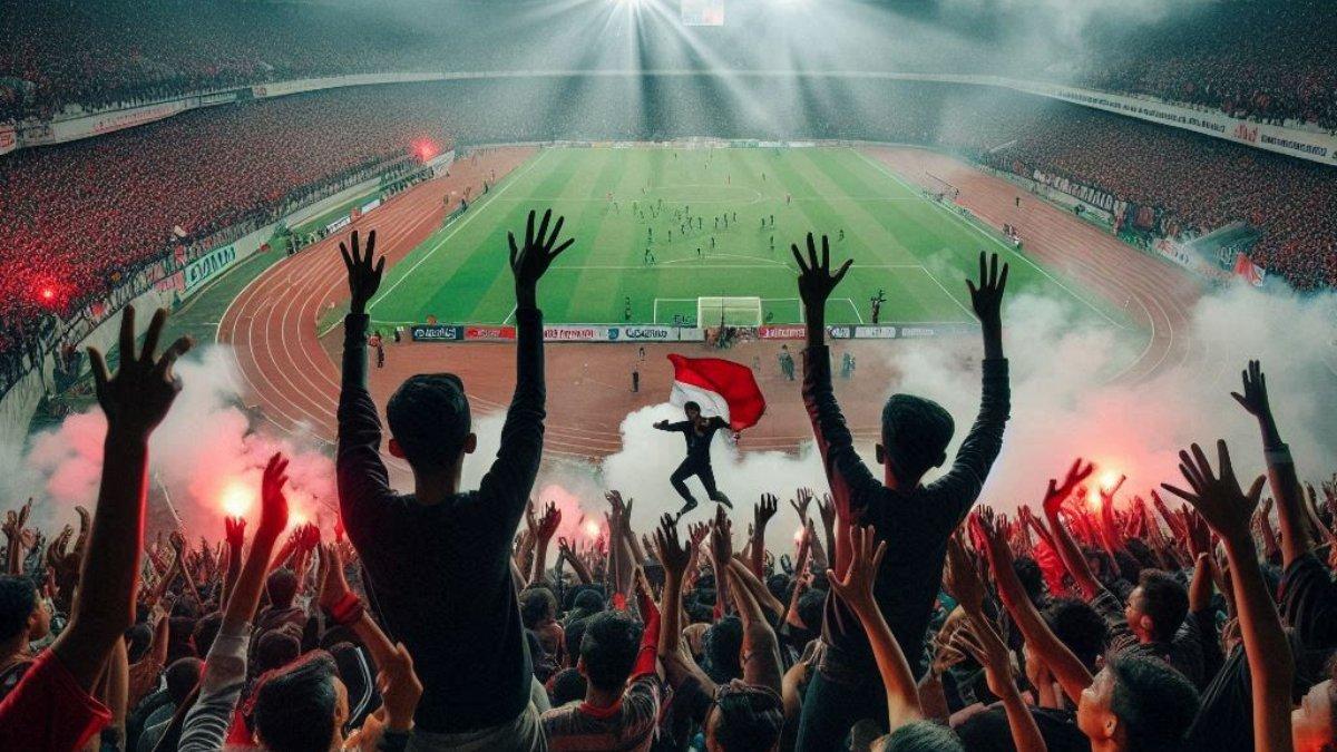 PERTANDINGAN SEPAK BOLA: Ilustrasi suporter sedang memberikan dukungan untuk Timnas Indonesia dalam pertandingan melawan Bahrain, Selasa, 25 Maret 2025.