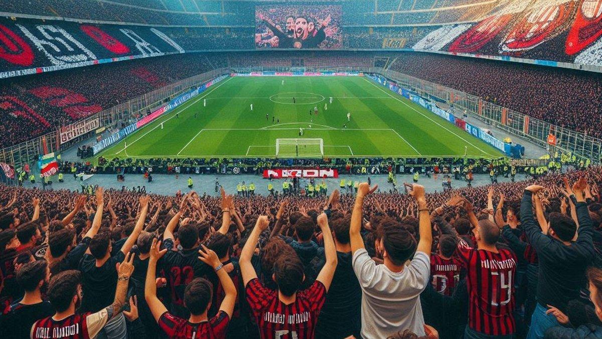 PERTANDINGAN SEPAK BOLA - Suporter sedang menyaksikan Liga Italia dan memberikan dukungan untuk tim AC Milan melawan Bologna pada 10 Mei 2025.