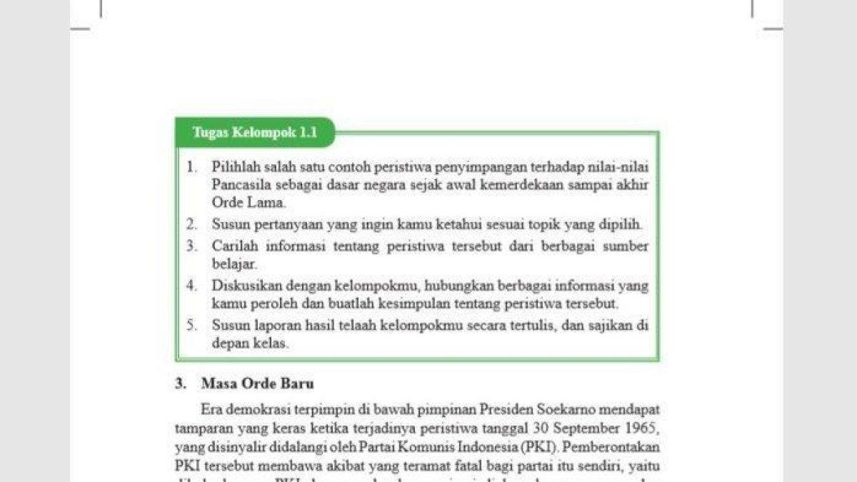 Simaklah kunci jawaban soal PPKN Kelas 9 SMP halaman 8 Kurikulum 2013: penerapan pancasila dari masa ke masa