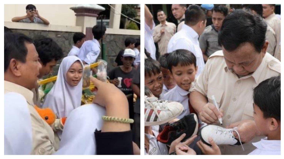 PRABOWO TINJAU MBG - Presiden Prabowo Subianto menandatangani sepatu siswa dan mendapat boneka saat meninjau pelaksanaan program Makan Bergizi Gratis (MBG) di SDN Kedung Jaya 1 Bogor, Kota Bogor, Jawa Barat, Senin (10/2/2025).