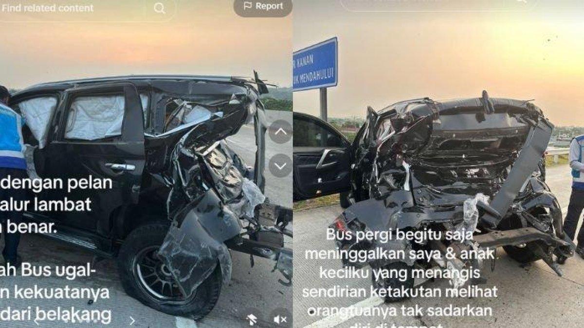 Pajero yang ringsek setelah ditabrak bus
