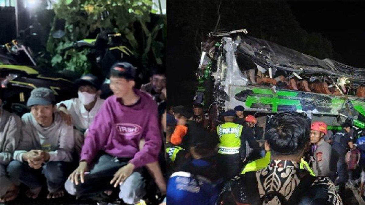 Para adik kelas siswa SMK Lingga Kencana Depok mendatangi sekolah di malam hari setelah mendapat kabar bus yang mengangkut kakak kelasnya kecelakaan