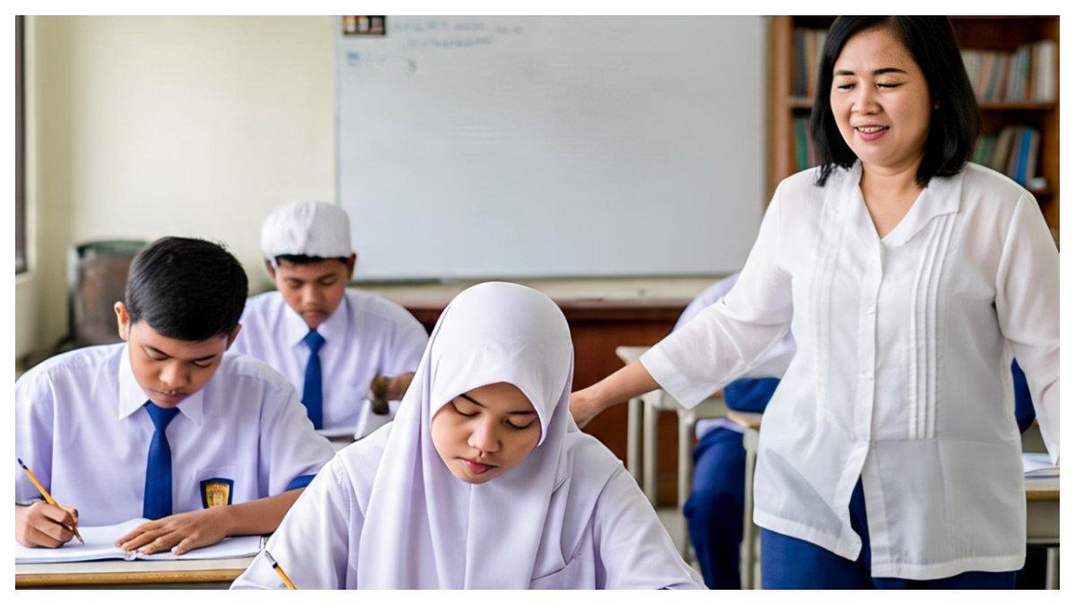 Para siswa SMP Sedang Asyik Belajar Bersama Guru Foto Gambar