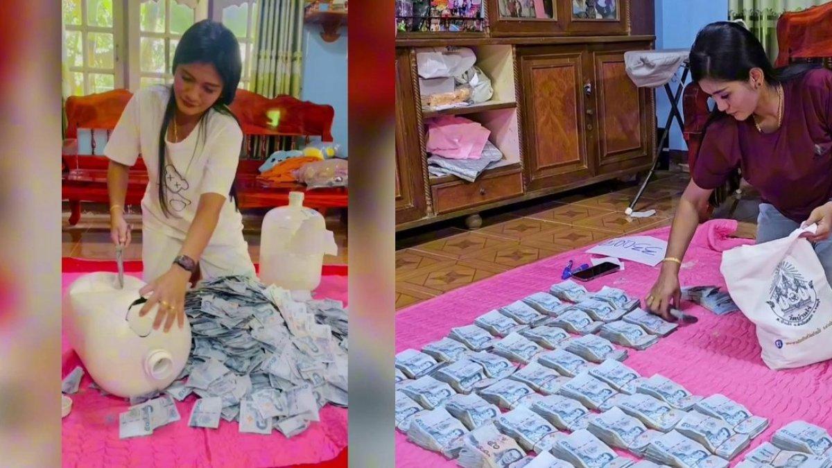 Parinatra sedang membuka celengannya