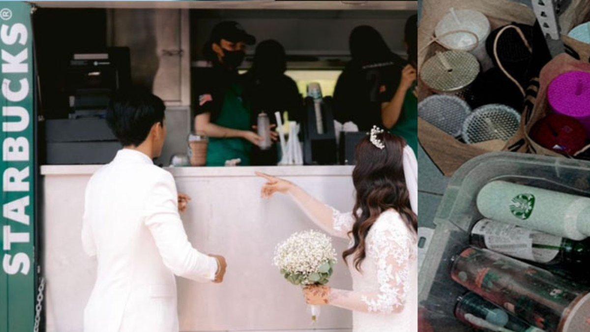 Pasangan pengantin menjamu tamu dengan kopi Starbucks