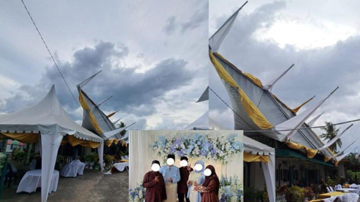 Tenda hajatan terbalik nyangkut di atap rumah hingga viral di media sosial.