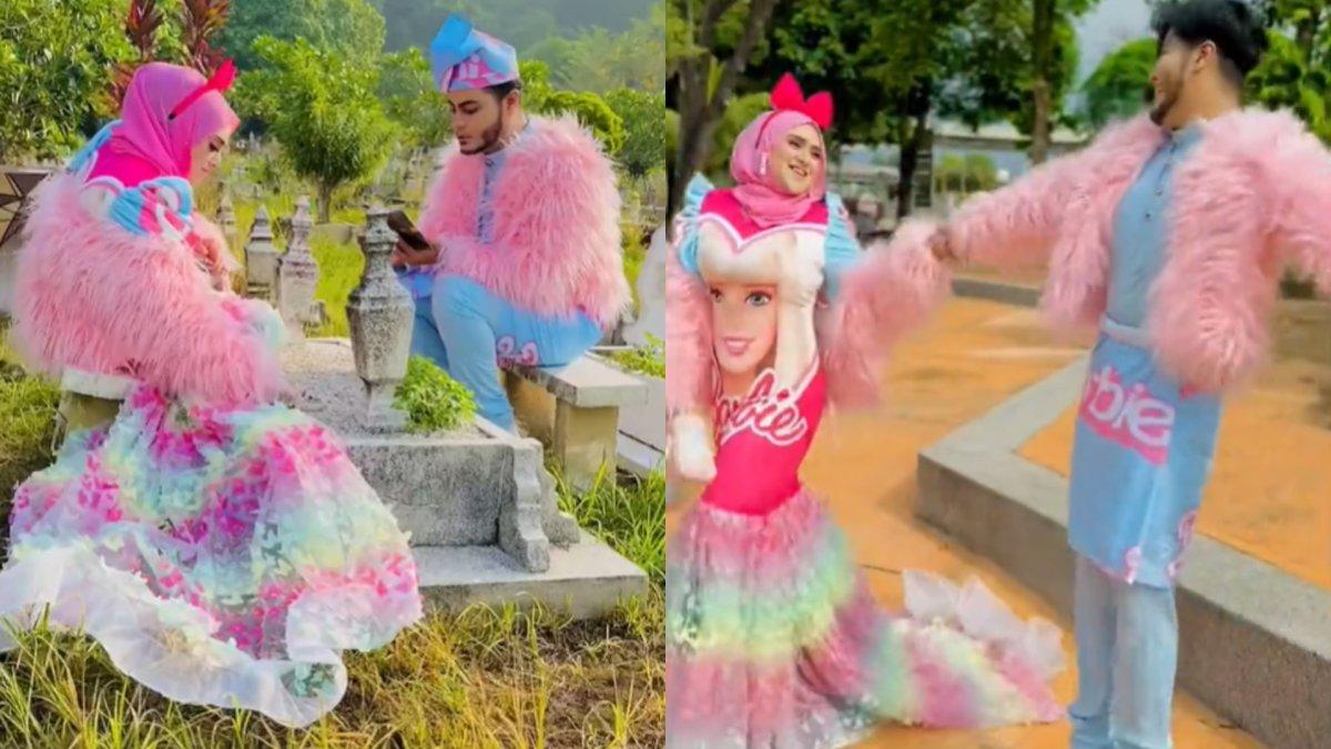 Pasutri kompak pakai baju lebaran tema Barbie.