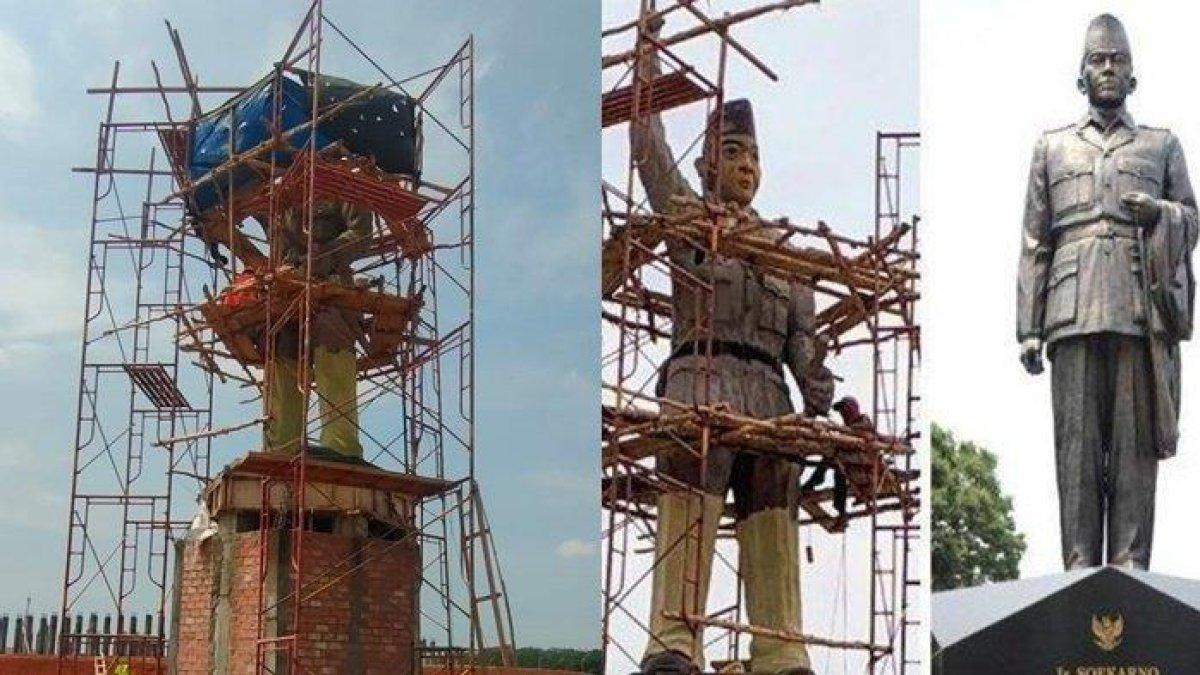 Pekerja Tutup Wajah Patung Bung Karno Pakai Terpal, Jumat (22/9/2023).
