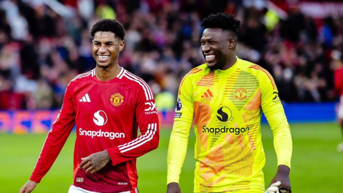 Marcus Rashford dan Andre Onana saat masih bermain untuk Manchester United.