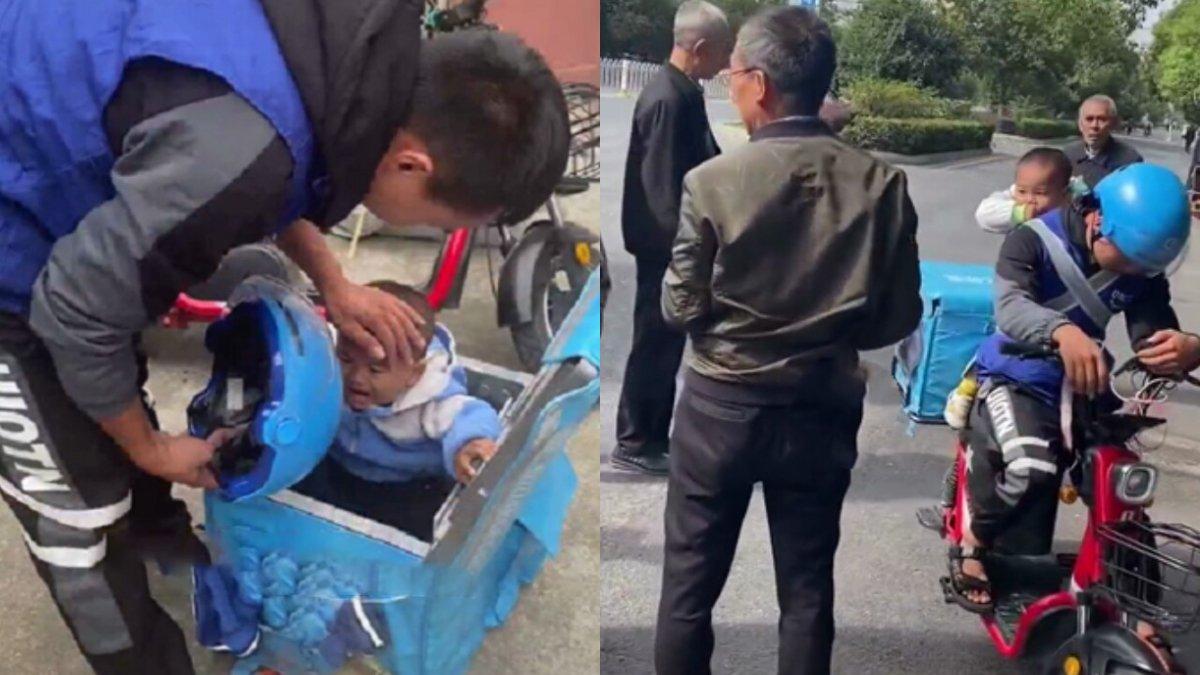 Pemandangan pilu seorang pria yang sebagai kurir membawa anaknya saat bekerja, sesekali disuruh duduk di kotak barang