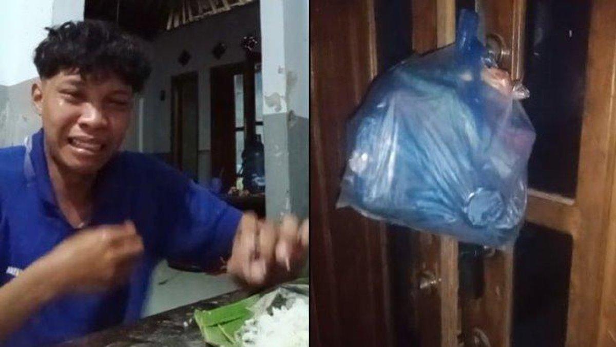 Pemuda menangis sambil makan nasi basi kiriman ibu