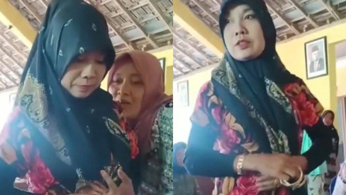 Penampilan emak-emak pakai gelang emas serenteng saat ambil bansos.