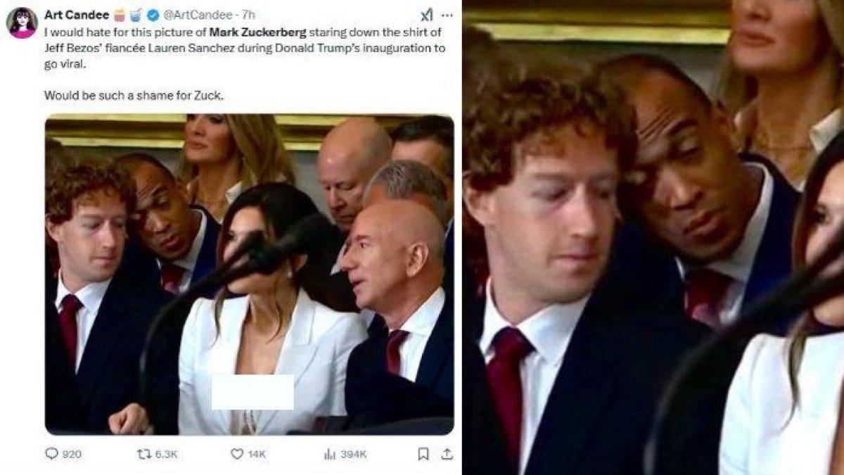 Pendiri Facebook, Mark Zuckerberg terciduk melirik area sensitif Lauren Sanchez, kekasih Jeff Bezos saat menghadiri pelantikan Presiden Amerika Serikat, Donald Trump, Senin (20/1/2025)