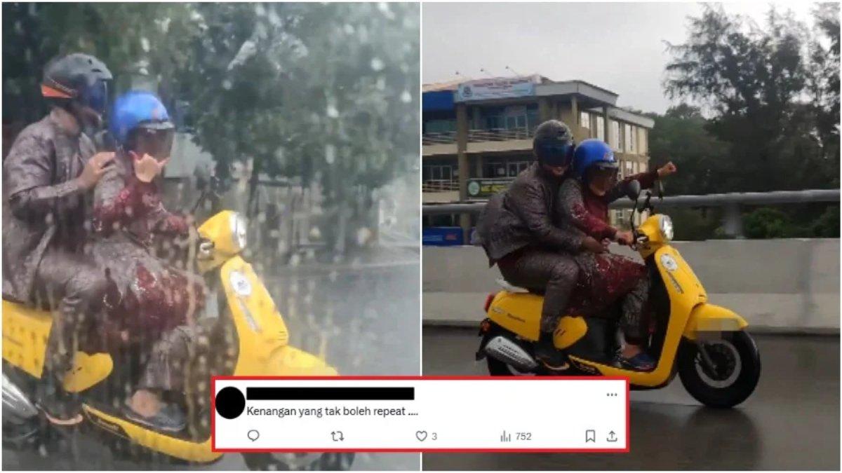 Pengantin di Malaysia naik motor hujan-hujan dan masih kenakan baju pengantin.