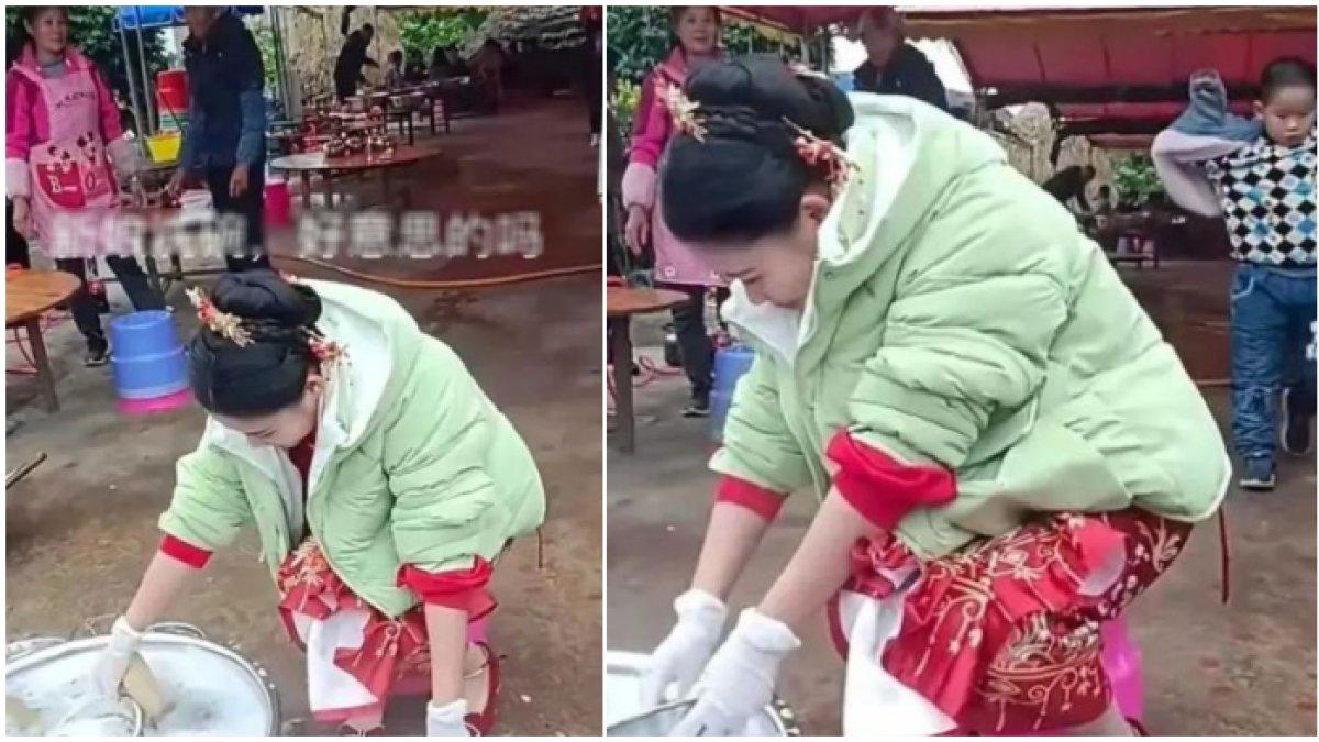 Pengantin wanita sibuk cuci piring bekas tamu usai resepsi (2)