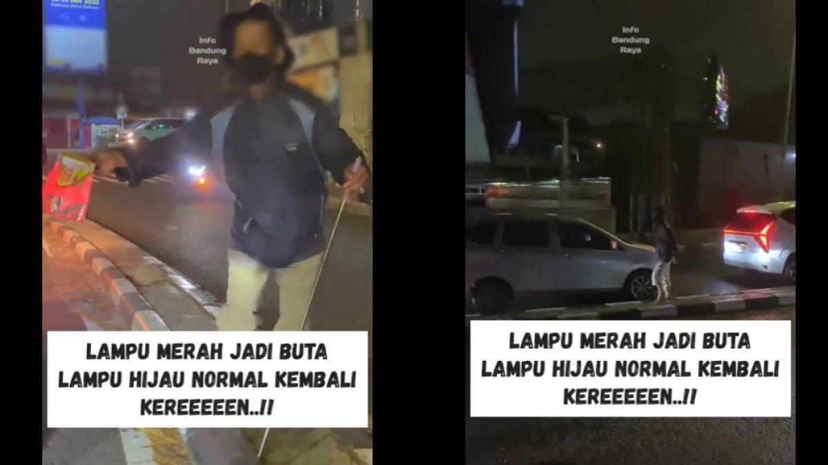 Pengemis ini 'buta' saat lampu merah, ketika lampu hijau langsung jalan normal