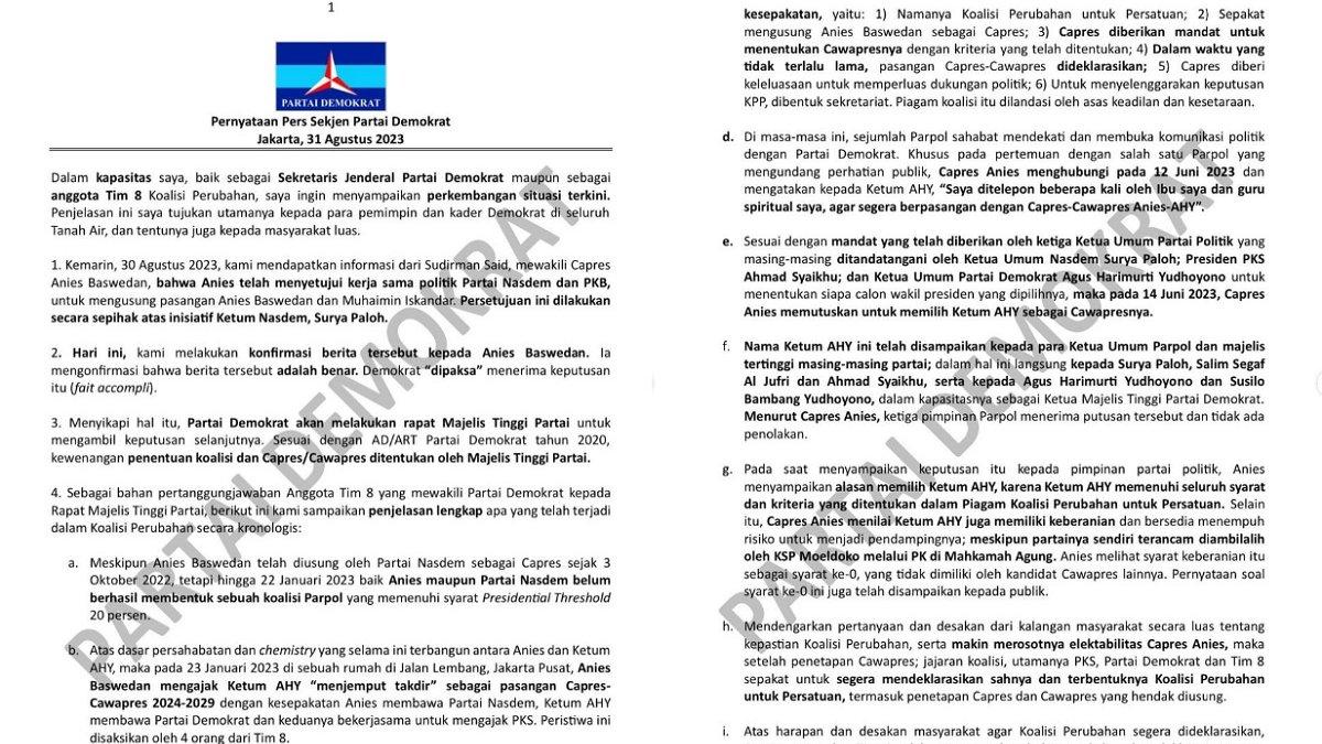 Pernyataan lengkap Partai Demokrat
