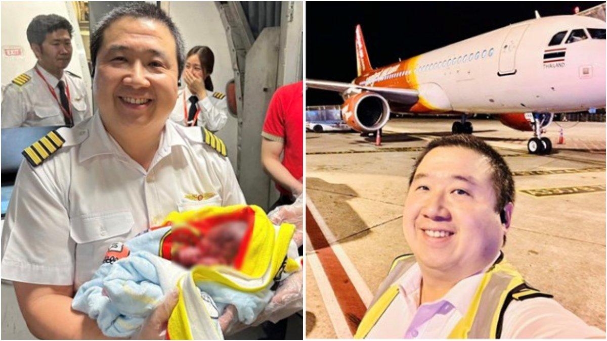 Pilot pesawat berfoto dengan bayi yang lahir di pesawatnya.