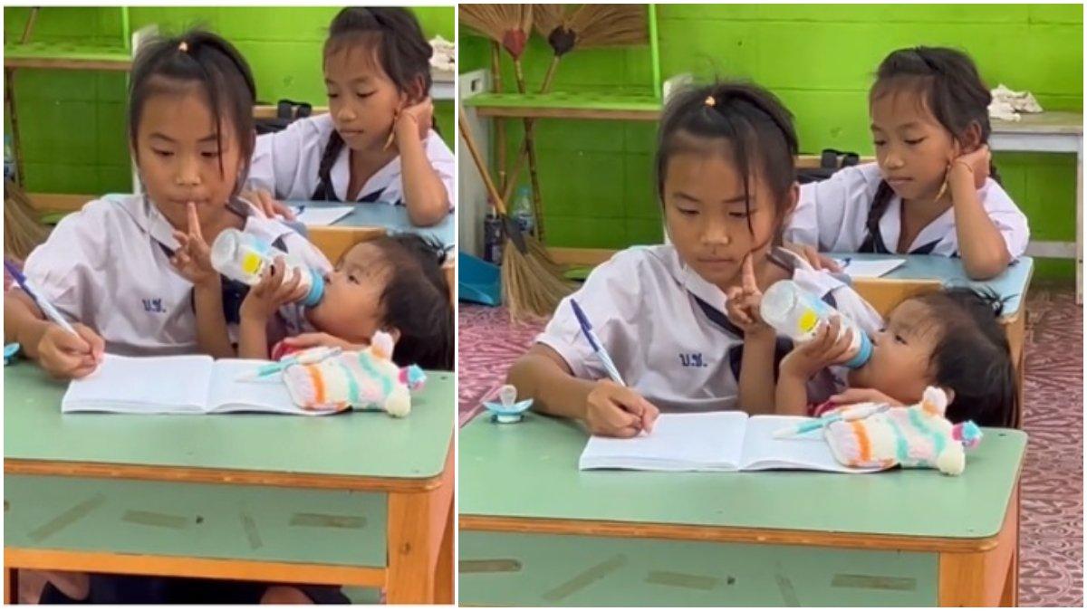 Sosok anak perempuan yang merawat adik sembari mengerjakan ujian