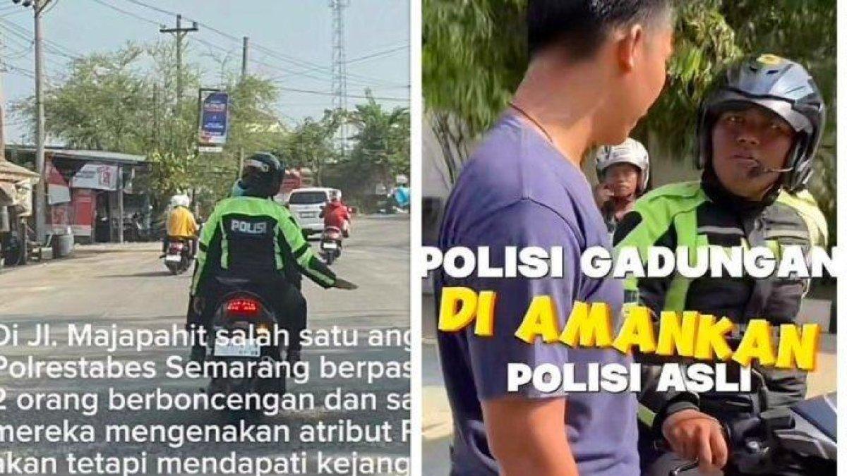 Polantas gadungan berkeliaran di Kota Semarang (kiri). Polantas gadungan saat diinterogasi polisi asli (kanan)