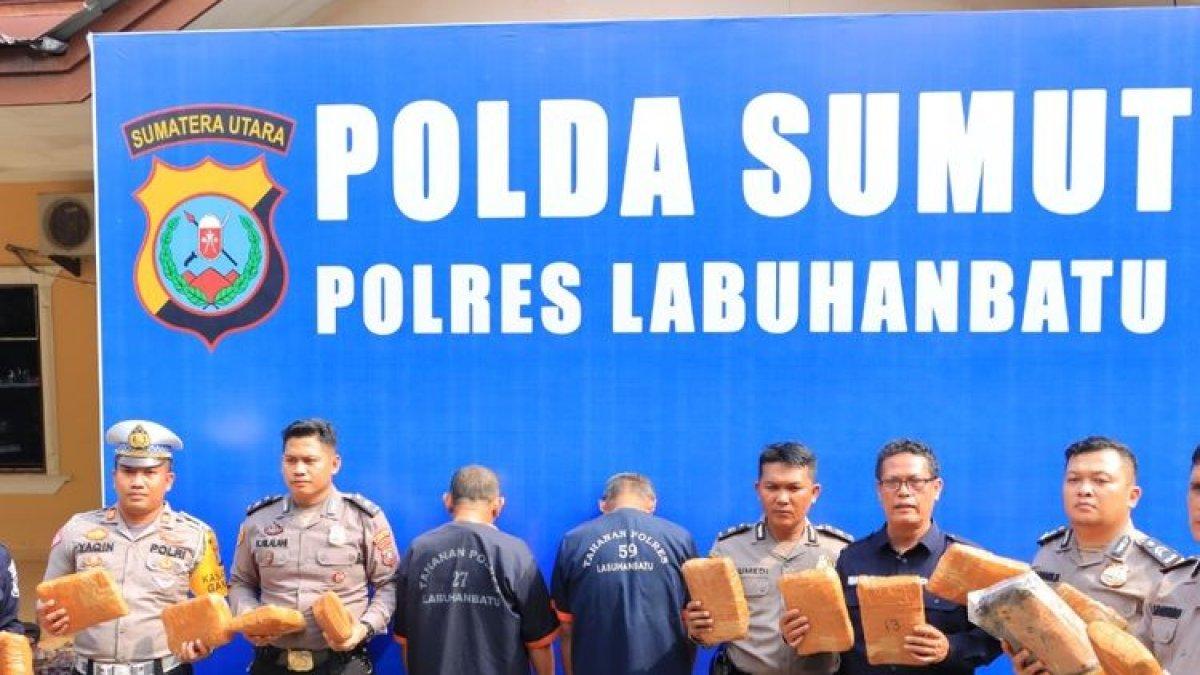 Polisi memaparkan pengungkapan 12,6 kg ganja di Labuhanbatu yang menggunakan bus lintas Sumatera untuk proses pengirimannya
