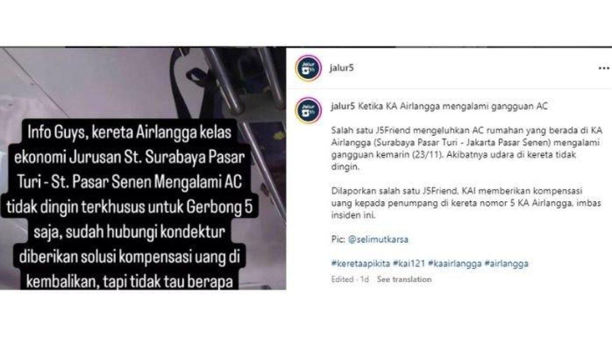 Postingan penumpang keluhkan AC Kereta Api (KA) Airlangga disebut tidak dingin.