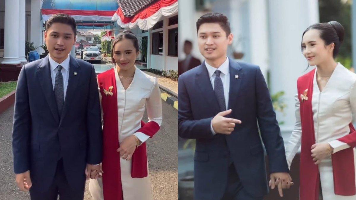 Potret penampilan Beby Tsabina saat mendampingi sang suami Rizki Natakusum c