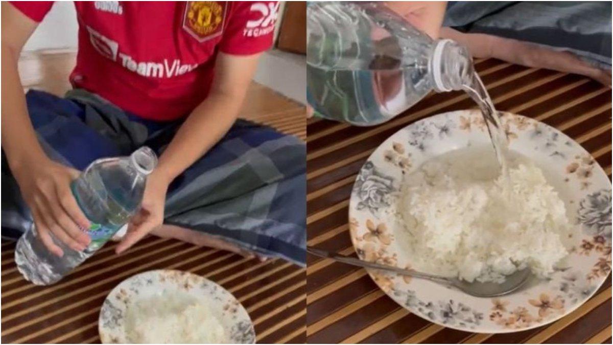 Pria bernama Chailany, makan nasi pakai air mineral.