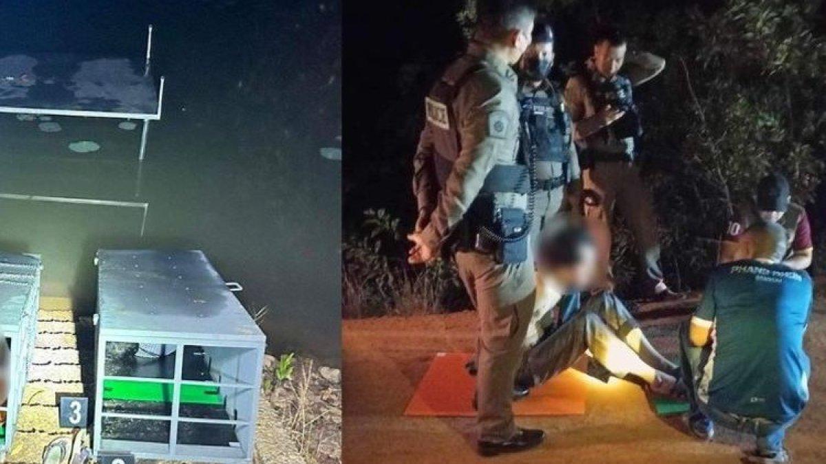 Warut Datephumee (35) asal Thailand ditangkap polisi. Foto sebelah kiri adalah peti mati baja yang digunakan untuk mengurung ayah dan adiknya dan menenggelamkannya di kolam.