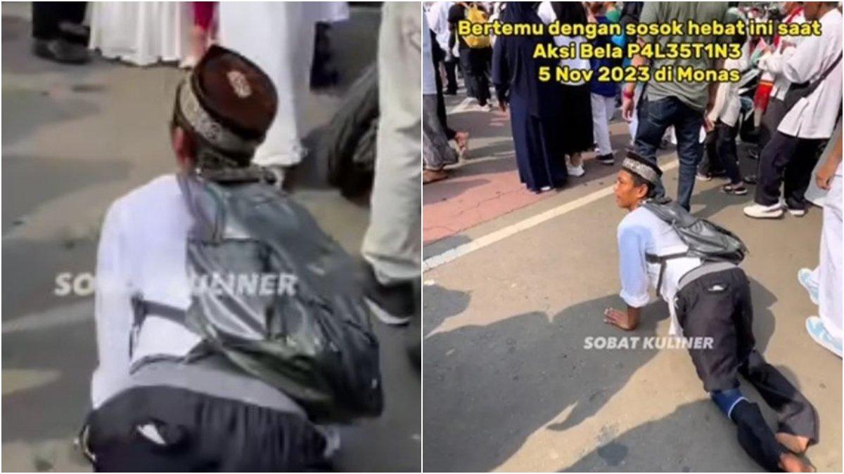 Pria disabilitas ikut aksi bela Palestina.