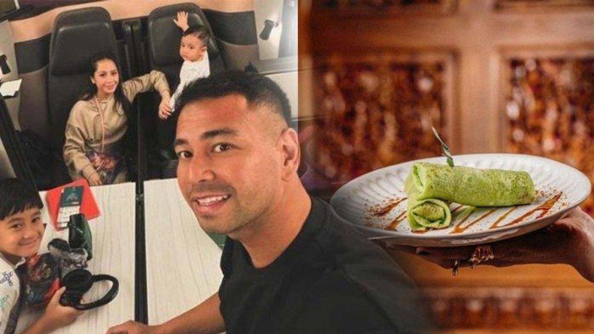Raffi Ahmad bersama keluarganya dan Dadar gulung yang dijual.