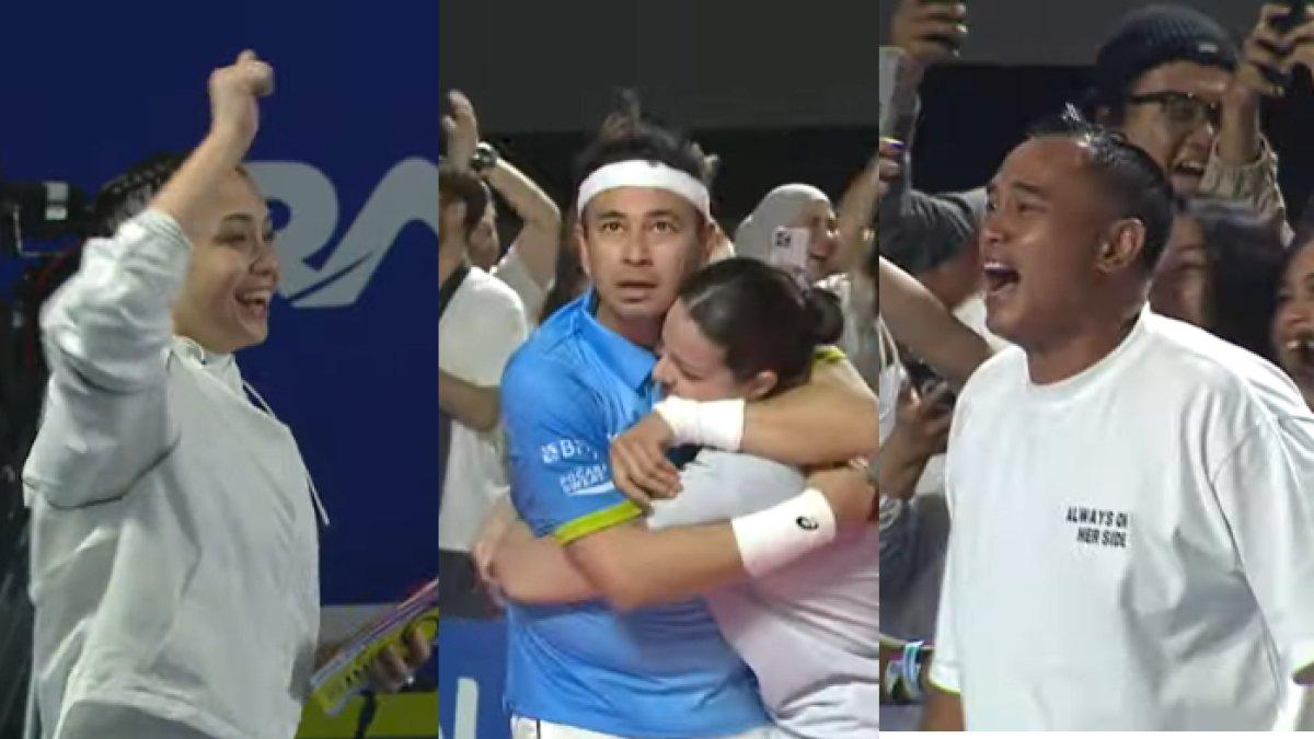 KEMENANGAN RAFFI NIA - Potret kegembiraan Raffi Ahmad dan Nia Ramadhani setelah menang pertandingan tenis pada Minggu (9/2/2025). Raffi Ahmad dan Nia Ramadhani tampak berpelukan erat.