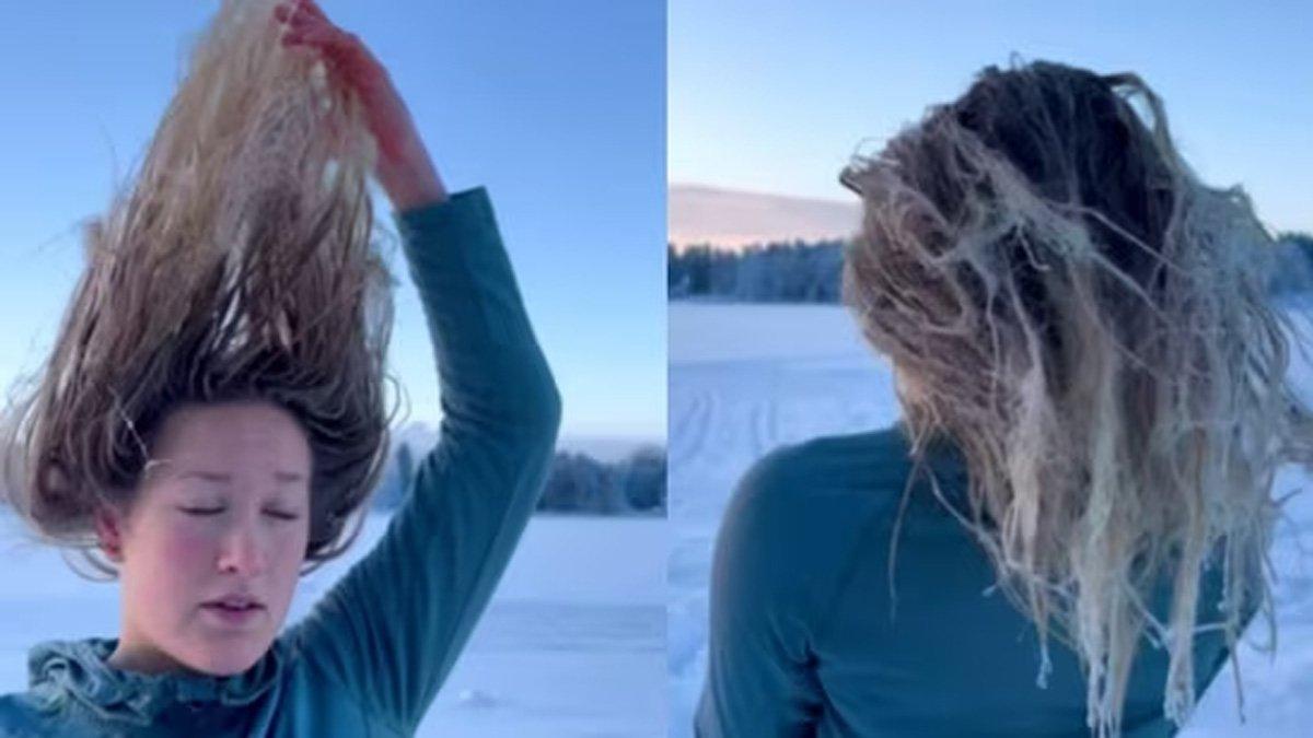 Rambut wanita membeku saat berada di daerah bersuhu ekstrem -30° celsius.