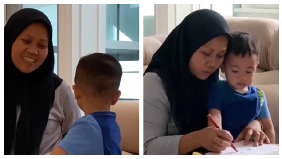 Sus Rini saat menemani Rayyanza makan dan belajar.
