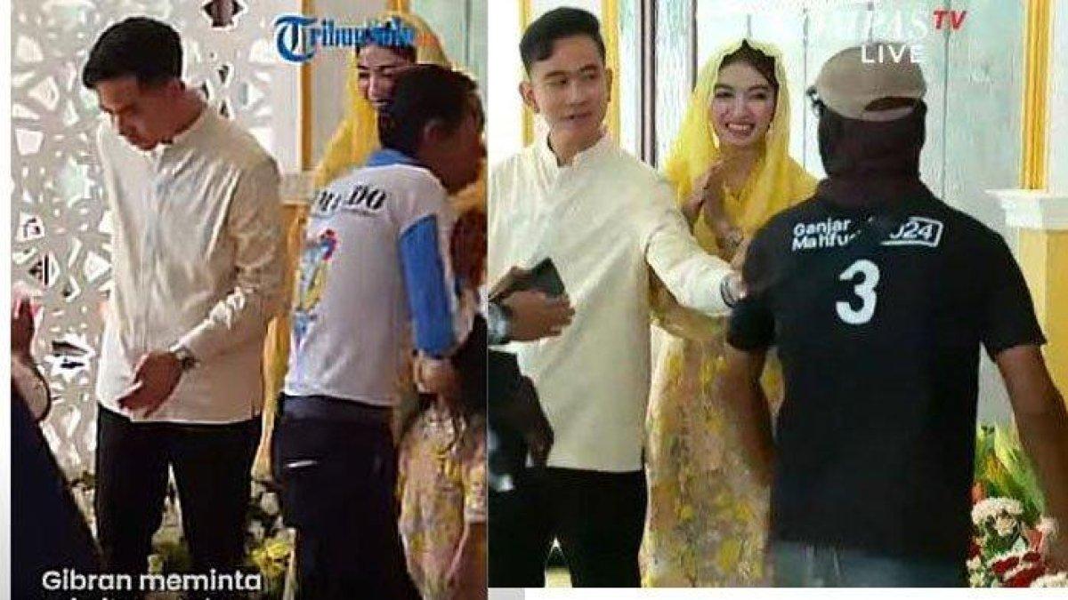 Reaksi Gibran dan Selvi Ananda Kedatangan Pria Berkaus Ganjar-Mahfud saat Open House (kanan).