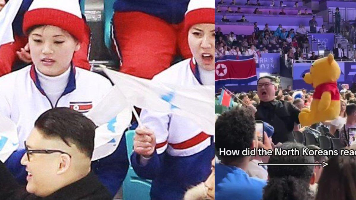 Reaksi pendukung Korea Utara saat melihat Kim Jong Un KW di Olimpiade Paris 2024.