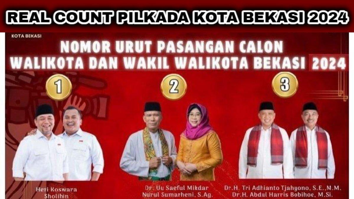 Real count Pilkada Kota Bekasi 2024,  Heri Koswara-Sholihin vs Uu Saiful Mikdar-Nurul Sumarheni vs Tri Adhianto-Abdul Harris Bobihoe.