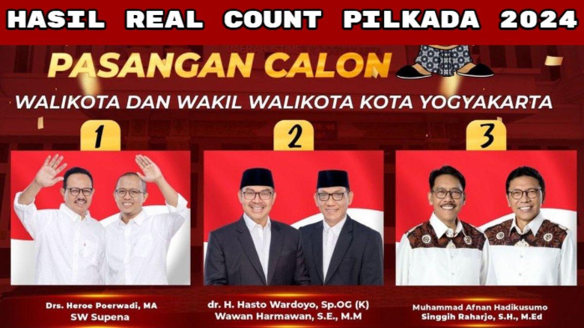Real count Pilkada Kota Yogykarta 2024 Heroe Poerwadi - WS Supena, Hasto Wardoyo - Wawan Harmawan dan M. Afnan - Singgih Raharjo.