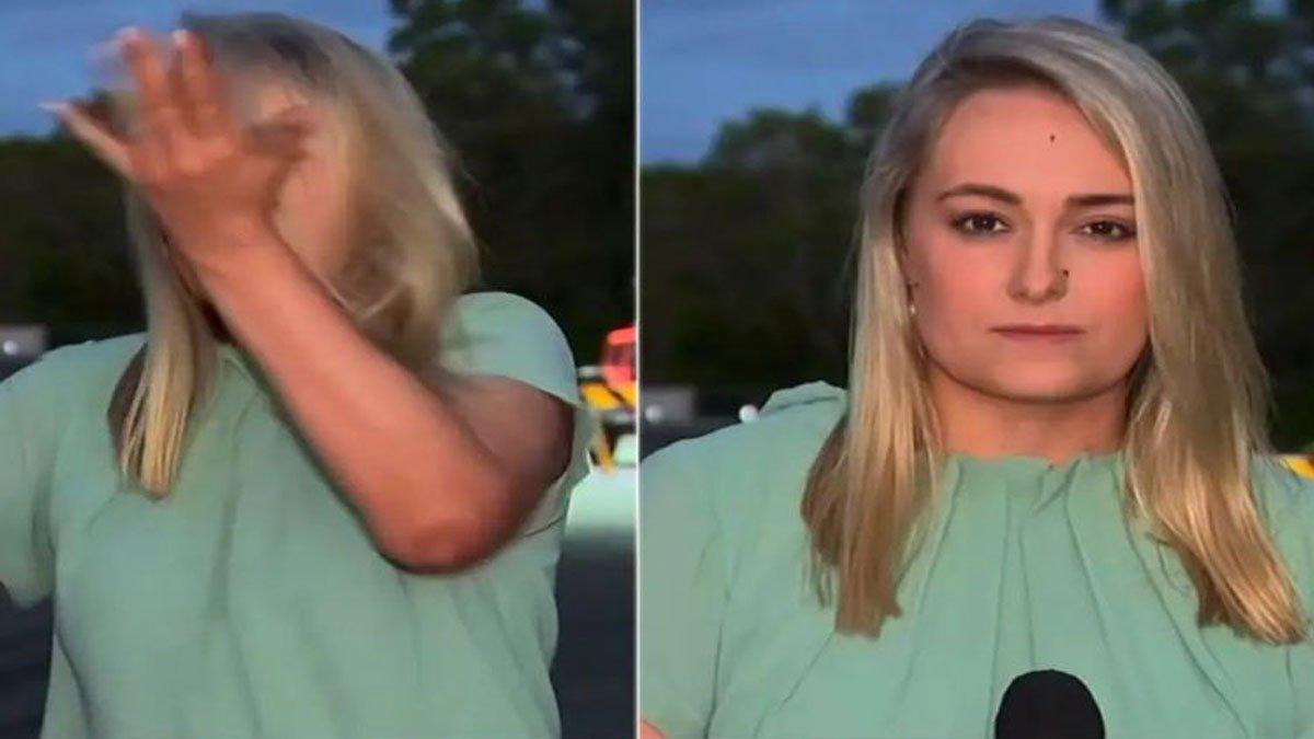 Andrea Crothers, reporter Australia, menampar dirinya sendiri saat siaran langsung di televisi, hanya karena dihinggapi seekor nyamuk.