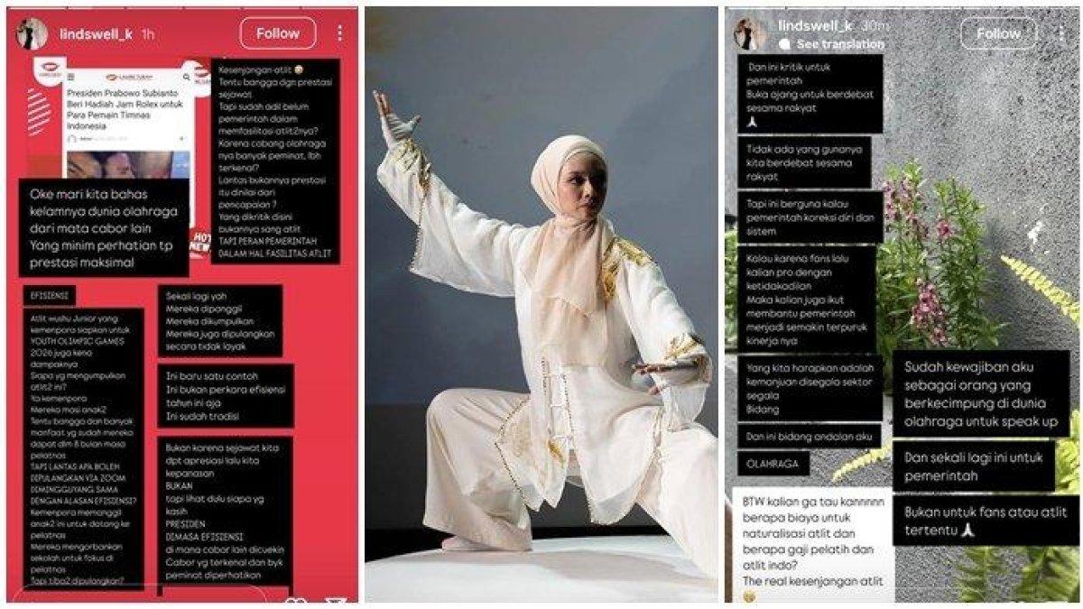 ROLEX TIMNAS INDONESIA - Tangkapan layar dari akun Instagram @lindswell_k pada Minggu (8/6/2025). Hadiah jam tangan Rolex yang diberikan oleh Presiden Prabowo Subianto kepada Timnas Indonesia usai meraih kemenangan atas China menuai sorotan. Eks atlet wushu Indonesia, Lindswell Kwok menyoroti kesenjangan atlet yang dialami cabor lain.