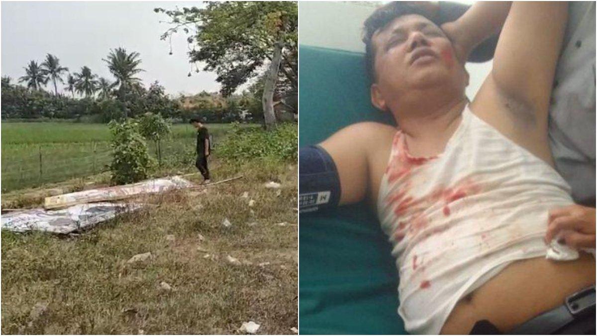 Ruslan, Kepala Desa Sindangjaya, Kabupaten Bekasi, terluka parah di kepala karena tertimpa baliho caleg DPR RI yang ambruk.