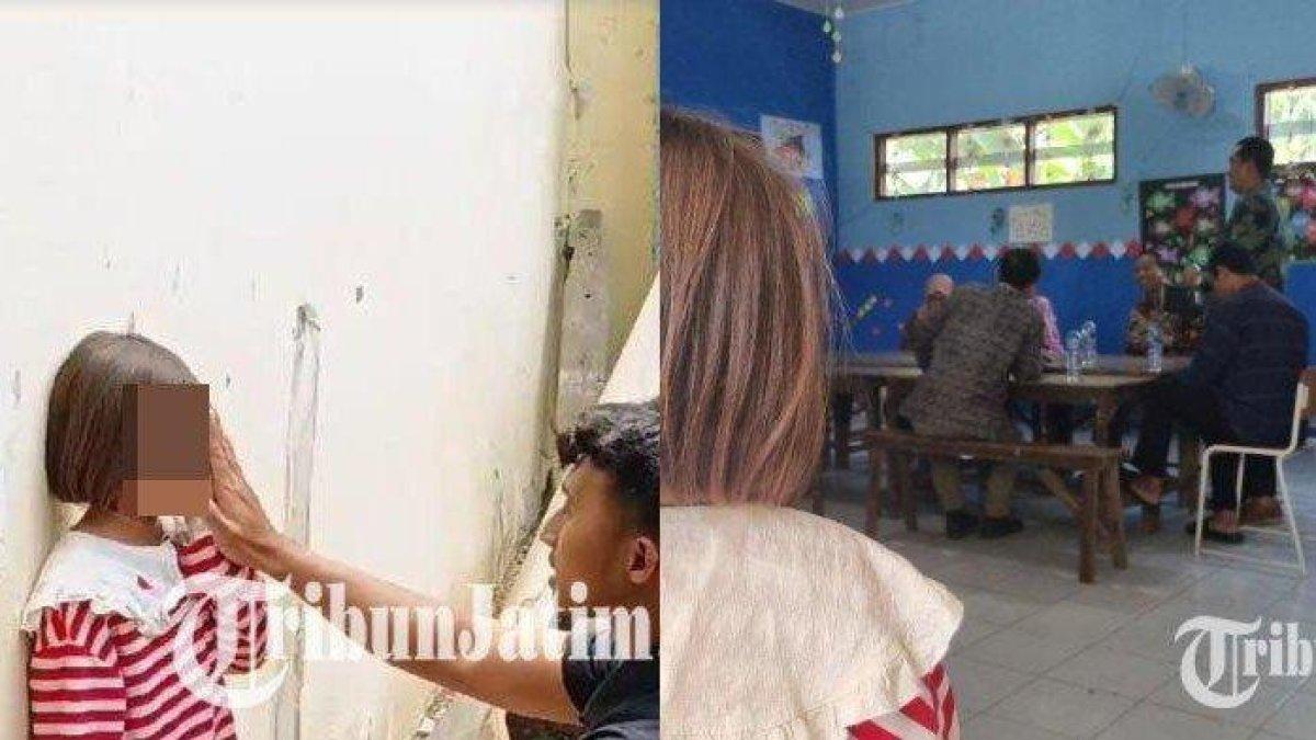 SAH, siswi kelas 2 SD di Gresik, Jawa Timur, yang mengalami kebutaan usai dicolok tusuk pentol oleh teman sekolahnya, bersama Unit PPA Satreskrim Polres Gresik, Sabtu (16/9/2023). (Kanan) SAH melihat proses mediasi di ruang kelas SDN 236 Gresik, Sabtu (16/9/2023). Kini bocah 8 tahun itu mengalami trauma atas insiden tersebut.
