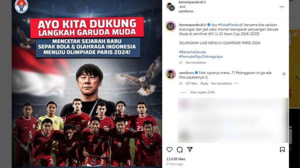 Sandiaga Uno sindir poster nobar Timnas Indonesia yang dipenuhi foto pejabat a