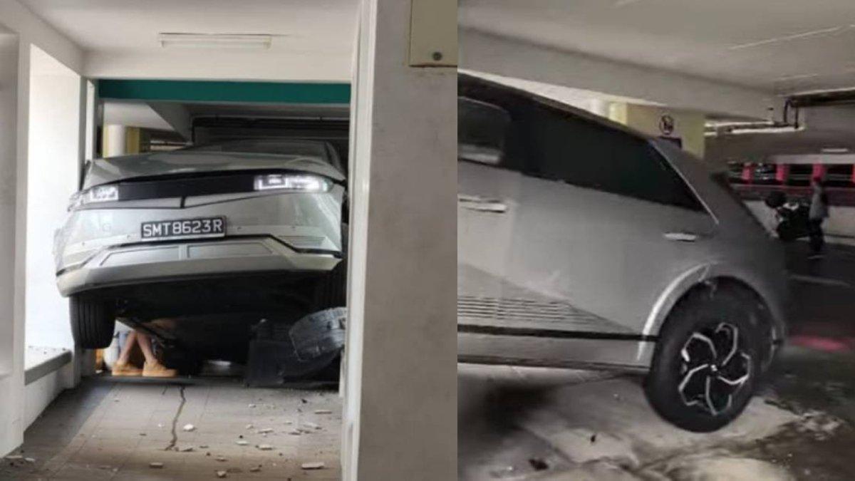 Sebuah mobil terjepit di antara dua tembok di Toa Payoh pada 17 Maret 2025.