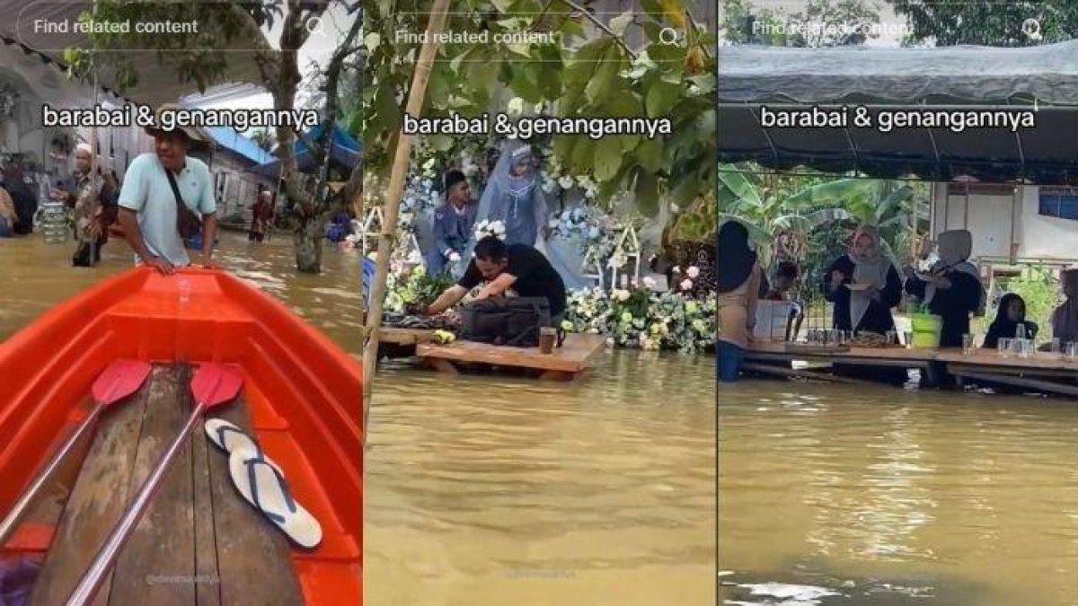 Sebuah video memperlihatkan momen pesta pernikahan di tengah banjir beredar viral