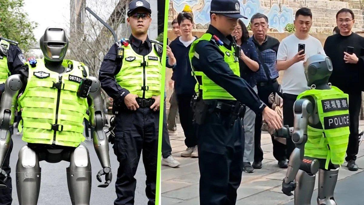 ROBOT AI - Sebuah video viral menampilkan robot PM01, berjalan dalam formasi dengan petugas polisi dan dengan antusias berjabat tangan dengan orang yang lewat, foto diambil dari YouTube CGTN, 5 Maret 2025.