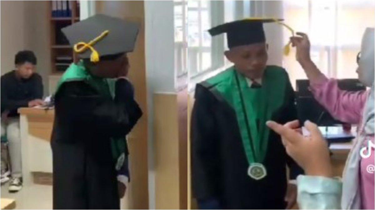 Seorang mahasiswa diwisuda di ruang rektor karena datang terlambat saat acara wisuda.