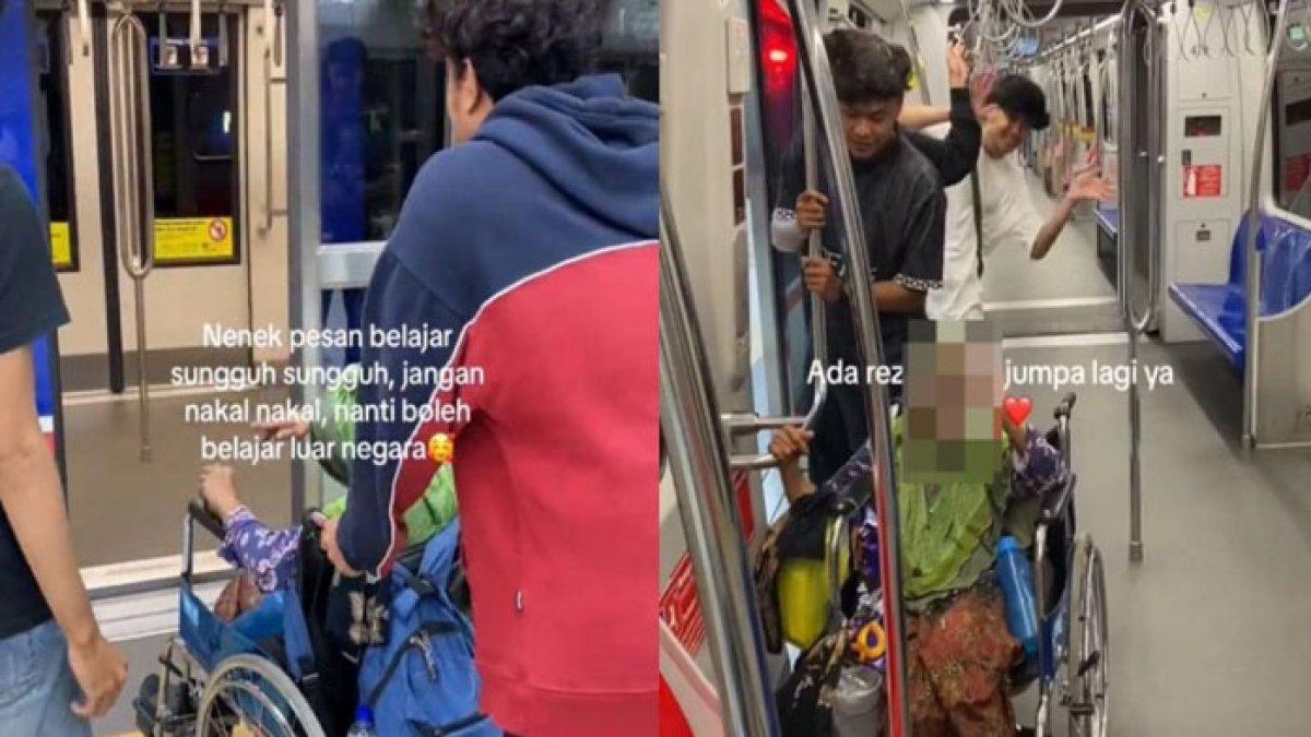 Seorang nenek dibantu sekelompok pemuda untuk naik MRT.